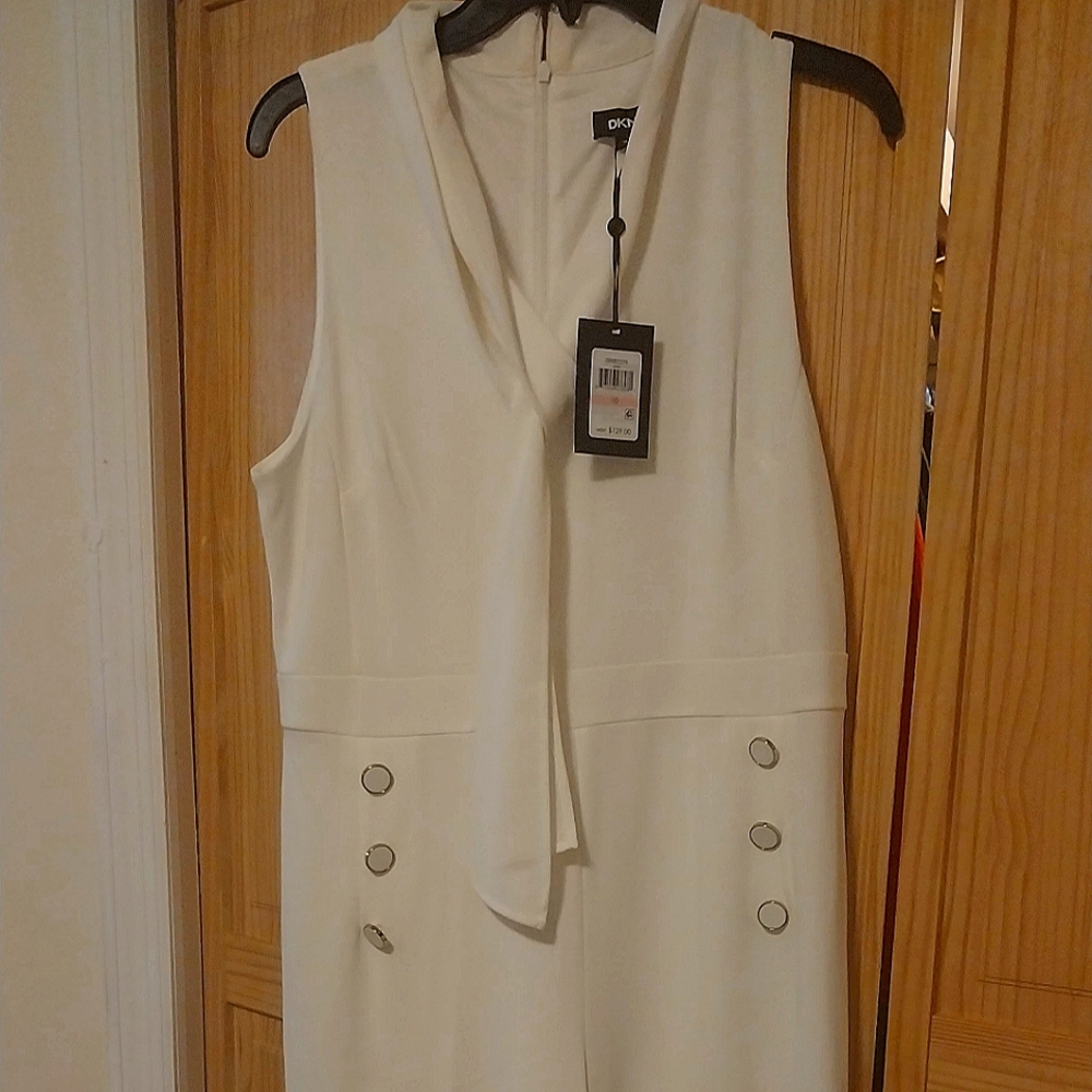 DKNY Ivory Sleeveless Jumpsuit with Button Accents